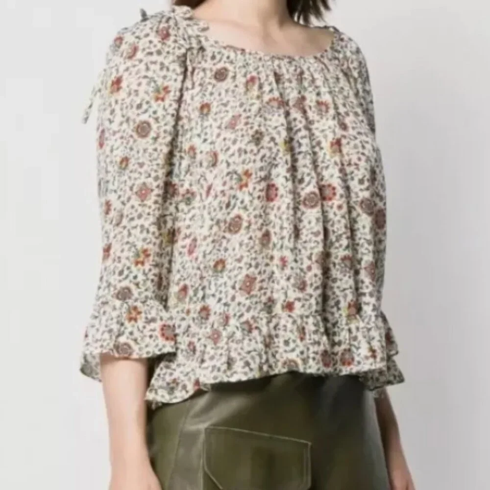 NWOT Tory Burch Ivory Soleil Floral Ruffle Silk Bohemian Top/Blouse XS $348